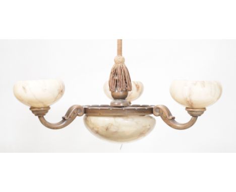 A early 20th century mahogany three branch ceiling light (3)With domed glass shades 60cm high, and a modern glass domed hangi