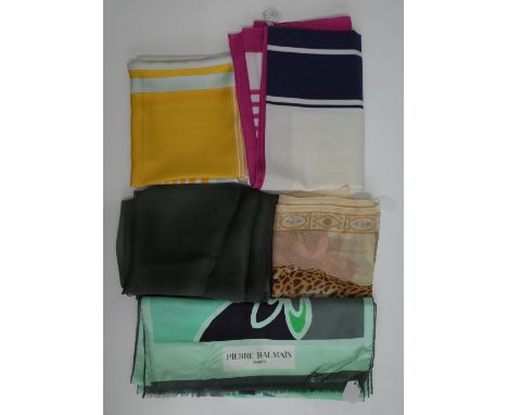 A collection of designer silk scarves comprising (5)A Salvatore Ferragamo example; a Christian Dior example, a Pierre Balman 