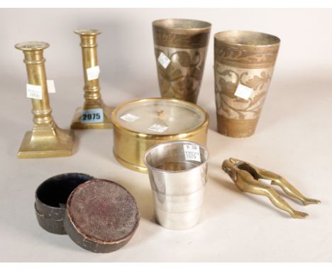 A pair of 19th century brass dwarf candlesticks (6)13cm high, an early 20th century android barometer, an early 20th century 