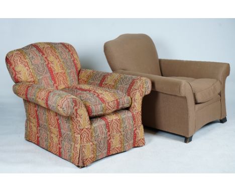 A pair of large easy armchairsOne upholstered in a Robert Kime style pattern,  the other in a plain light-brown upholstery, 1