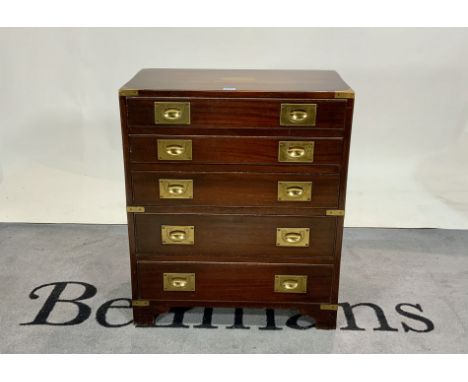 A modern campaign and brass bound chestWith five long graduated drawers on bracket feet. 61cm wide; 72cm high