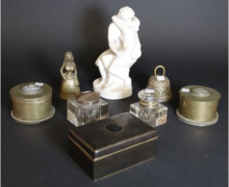 A early 20th century rectangular box with hinged dome top (8)Ebony lined with black enamel decoration 14cm wide; 4cm high, tw