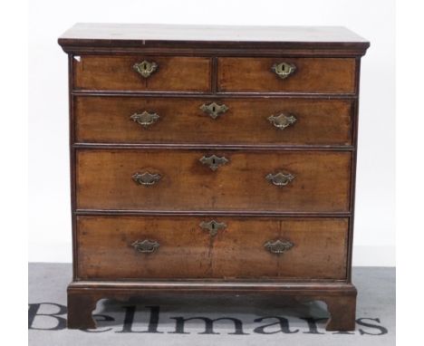 A late 18th century mahogany chest of two short and three long graduated drawersOn bracket feet, 96cm wide; 96cm highOld mark