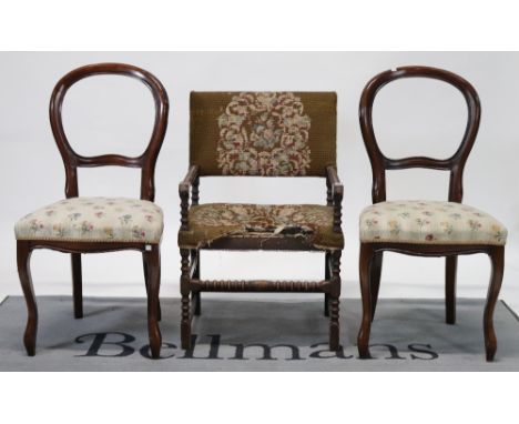An Edwardian oak framed open armchair (3)On bobbin turned supports, 55cm wide; 85cm high, and a pair of late Victorian mahoga