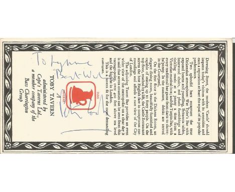 Peter Cook signature on restaurant pamphlet. Dedicated. 17 November 1937 - 9 January 1995 was an English actor, satirist, wri
