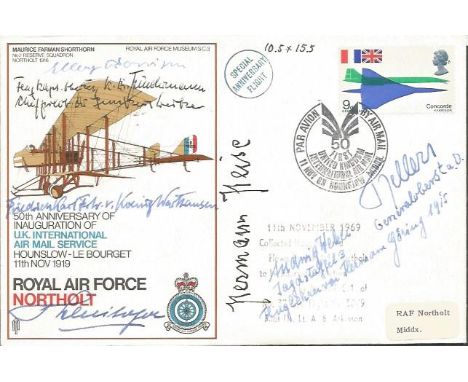 Seven Great War Luftwaffe aces multi signed RAF Northolt. Signed by Heinrich Schnitger, Erich Janus, Hermann Heise, Alfred Ke