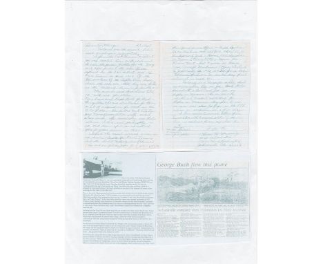 Lieutenant Colonel Thomas H. Mann Excellent two-page handwritten letter and enclosures. Navy Cross winning fighter ace Lieute