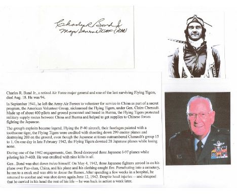 Major General Charles Bond Jr Signature of AVG Flying Tiger ace. Good condition. We combine postage on multiple winning lots 