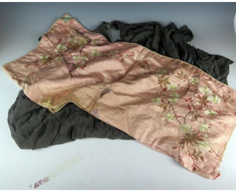 A Chinese pink shawl with embroidered floral and butterfly decoration with pale blue lining, together with a grey crepe cockt