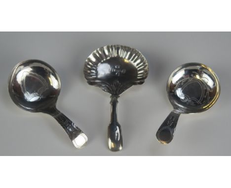 A pair of George III silver caddy spoons, maker Thomas Willmore, Birmingham, 1801, the bowls with chased Shield decoration, t