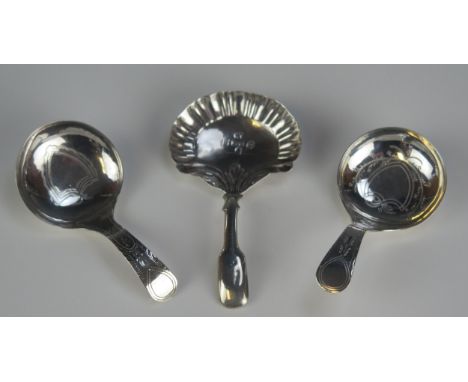 A pair of George III silver caddy spoons, maker Thomas Willmore, Birmingham, 1801, the bowls with chased Shield decoration, t