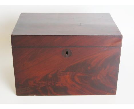 A 19th century mahogany tea caddy, of rectangular outline, the hinged lid enclosing a glass blender and lidded compartment. 