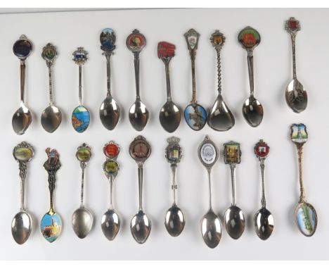 A collection of silver plated and enamel souvenir and other spoons. 