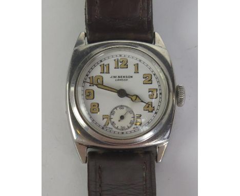 A 1930's J.W. Benson Steel Cased Wristwatch, 29mm case with enamel dial. Winds and runs 