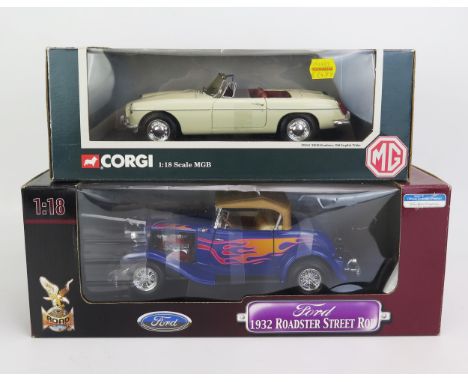 1:18 Scale Pair including Corgi 95104 MGB Roadster in Old English White and Road Signature Ford 1932 Roadster Street Rod - mi