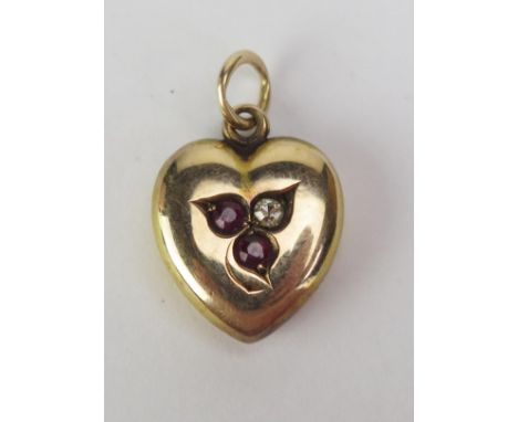 An Antique 15ct Gold, Ruby and Old Cut Diamond Heart Shaped Locket, 21.5mm drop, Birmingham 1902, maker AI?, 1,63g 