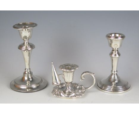 A William IV silver miniature chamberstick and snuffer, maker Henry Wilkinson &amp; Co, Sheffield, 1832, together with two mo
