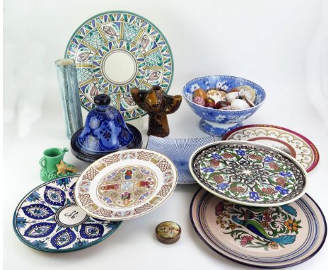 A Moroccan pottery tagine and cover, decorative wall plates, cabinet cups and saucers, sleeve vase etc. 