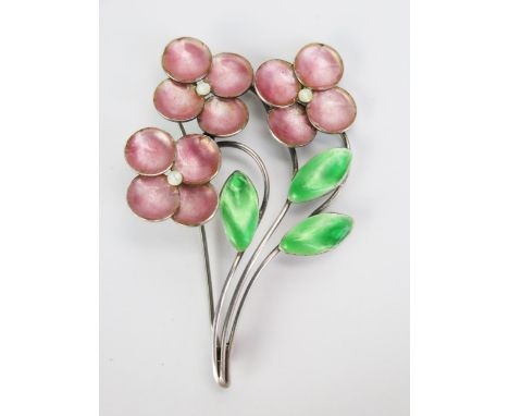 A Bernard Instone Arts &amp; Crafts Sterling Silver and Enamel Floral Spray Brooch, marked to the back, 66.5mm, 14.68g 