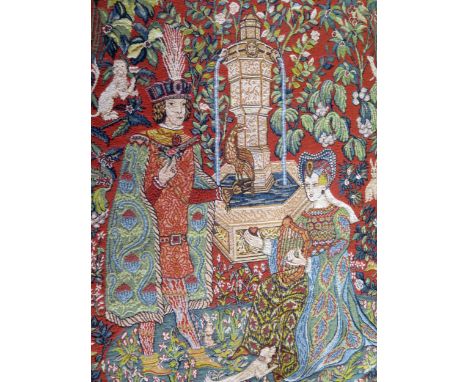 French machine woven tapestry with wooden hanging rail titled ' Le Roman de la Rose ' by Anne-Roland Aknin produced for Frank