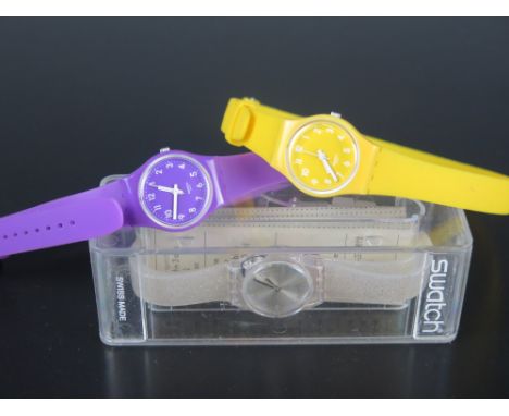 A SWATCH Silver Glistar Watch _ LK343E (boxed) and two others (purple running) 