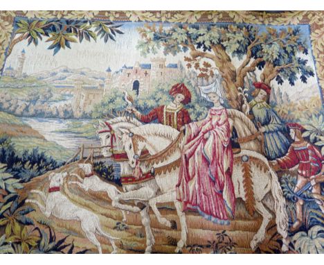 A French machine woven tapestry with wooden hanging rail titled ' The Royal Hunt' by Marc Waymel, produced for Franklin Mint,