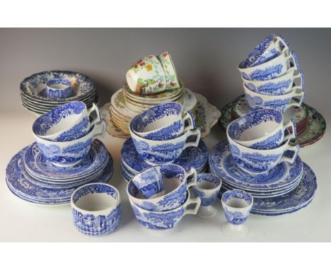 A small collection of Spode blue and white Italian pattern teawares, another Spode part tea set, and other blue and white war