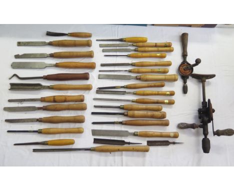 Collection of Lathe or Wood Turning Tools including Ashley Iles, Marples etc. and two hand drills 