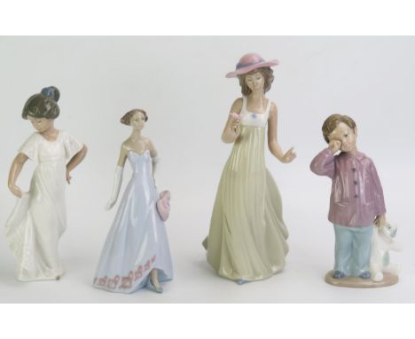 Lladro and Nao, four assorted porcelain figurines, young girls and both with a teddy bear. (4) 