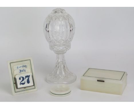 An onyx and malachite strung desk set, includes rectangular cigarette box with silver gilt hinge inscribed, 15cm wide, a circ