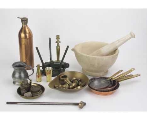 A stoneware mortar and pestle, assorted brass weights, thermometer, five miniature brass and copper graduated pans, etc 