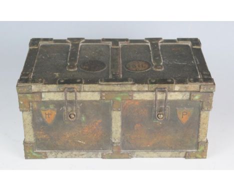 Huntley &amp; Palmer, an Edwardian biscuit tin in the form of a travelling trunk, with lithographed detail, loop carrying han