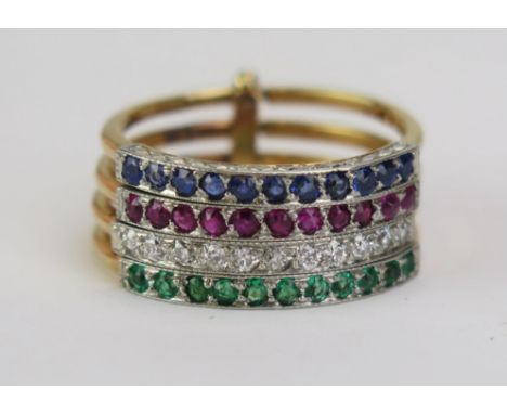 An 18ct Gold, Sapphire, Ruby, Diamond and Emerald Conjoined Four Shank Ring, stamped 18CT, size L.75, 7.24g 