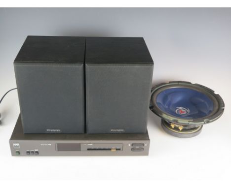 A NAD stereo tuner, a pair of Diamond III Wharfdale speakers, and a Kenwood 10ins bass speaker. 