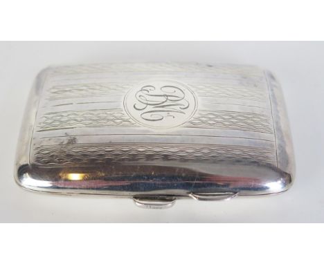 A George V silver cheroot case, maker F D Long, Birmingham, 1922, monogrammed, of rectangular outline with engine turned deco