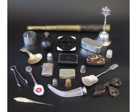 A 19th century three-draw telescope, brass caddy spoon, magnifying glass and other collectables, 