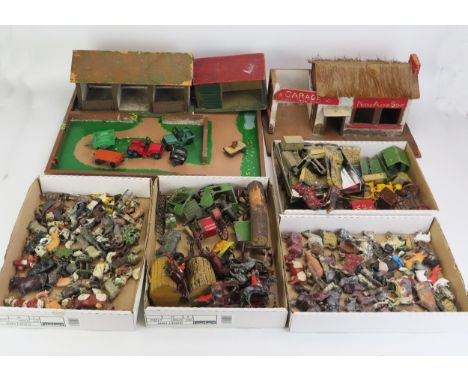 Collection of Britain's etc. Farmyard Animals and accessories, wooden buildings and garage, Dinky Jeeps, Charbens etc. 