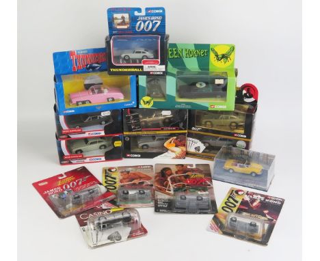 Collection of  007 James Bond Aston Martins including Corgi, Corgi Thunderbirds Fab 1 and Corgi Green Hornet, all boxed 