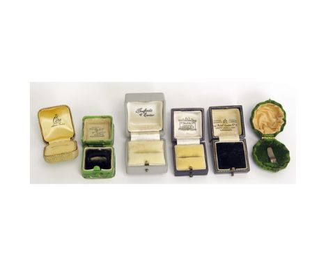 Six Vintage Ring Boxes including a green plush scallop shaped box, five named including The Alex Clark Co. Ld. Green marbled 