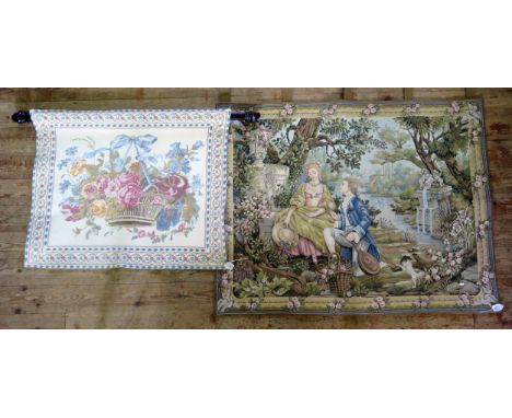 A late 20th century machine woven tapestry 'Jardin D'Amour'92 x 119cm, together with another machine woven tapestry with bask