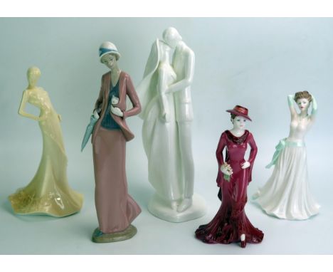 A Royal Doulton figure group HN2748 "Wedding Day", three Coalport figures, "Madrigal", "High Society", "Tara" and a Nao porce