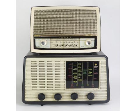 A Ferranti model U1015 mains radio in brown Bakelite case. 34cm wide and a Pye type P46 mains radio, contained in a brown Bak
