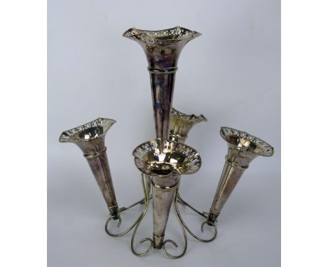 A silver plated table epergne, with central trumpet-shaped vase, on a wire cage with four smaller trumpet-shaped vases, 35cm 