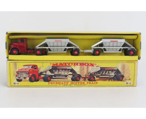 Matchbox Lesney M-4 Fruehauf Hopper Train with maroon cab, silver hoppers, red plastic hubs - near/very near mint in very goo