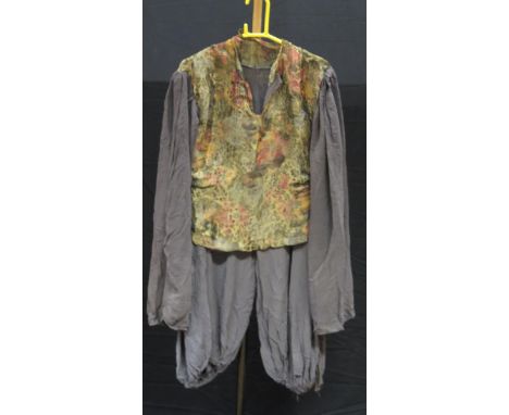 A 1930's/40's gold lame and grey crepe two-piece blouse and ballooned trouser set, with floral decorated long sleeve top. 