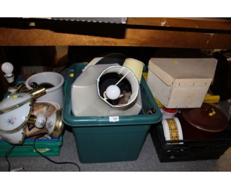 THREE TRAYS OF HOUSEHOLD SUNDRIES, TO INCLUDE A BRASS BANKERS LAMP, DRESSING TABLE MIRROR, ETC.