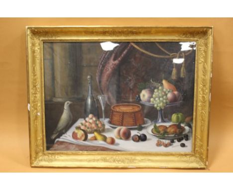 A GILT FRAMED AND GLAZED LARGE WATERCOLOUR OF A TABLE TOP SCENE WITH RING COLLARED DOVE, OVERALL SIZE H 97 CM BY W 76 CM