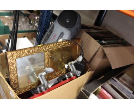 A BOX OF COLLECTABLES TO INCLUDE A SMALL GLASS FRAMED MIRROR, ANGLE POISE LAMP ETC. TOGETHER WITH A BOX OF RECORDS