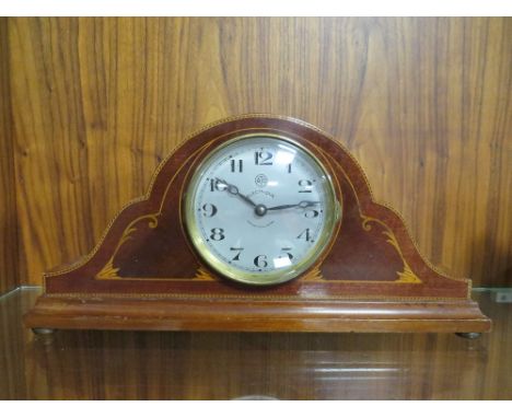 AN INLAID MAHOGANY LEON HATOT ATO BATTERY OPERATED MANTLE CLOCK c1930, with rear door section for accessing the battery and p