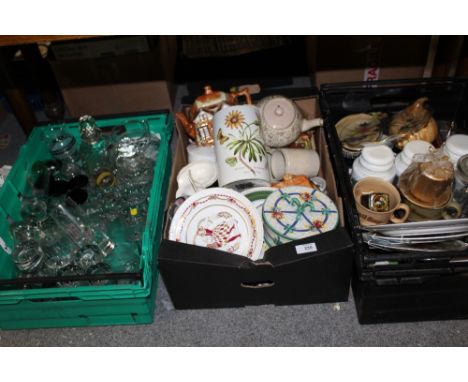 TWO TRAYS OF ASSORTED CERAMICS TO INCLUDE PORTMEIRION, SPODE ETC. TOGETHER WITH A TRAY OF GLASSWARE (3)